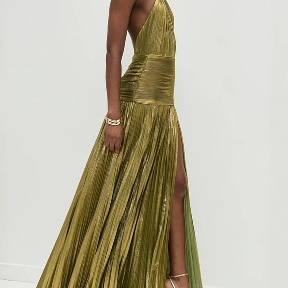 Pleated Maxi Gown | Glitter Green Halter Neck | Slit Maxi Dress - Picture 5 of 6